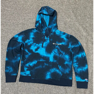Champion Women's Blue Tie Dye Hoodie Sweatshirt - Long Sleeve Fleece Size Large